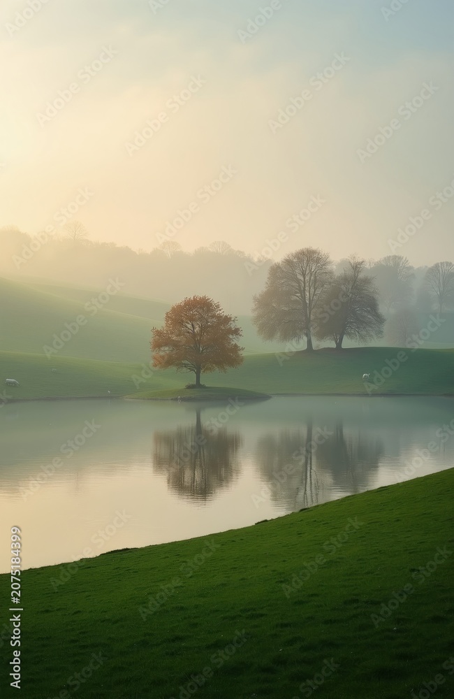 Fototapeta premium Misty morning over rolling green hills with calm lake reflecting bare trees. One tree shows autumn colors. Sheep graze on distant grassy slopes.