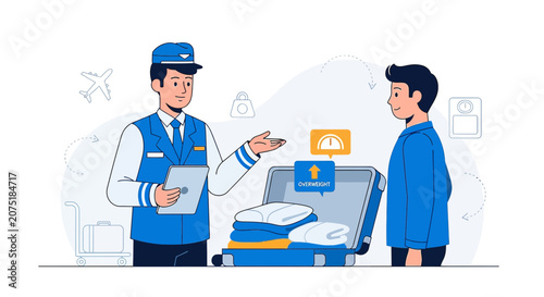 Airport Staff Weighing Luggage for Passenger Before Flight, Travel Concept