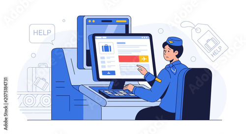 Airport worker assisting with luggage check-in on computer at desk.
