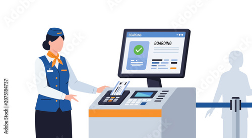Airport worker assisting with a boarding pass at check-in counter.