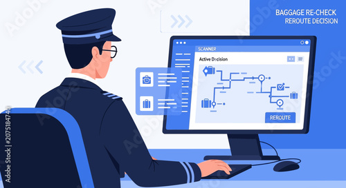 Airport worker at computer, managing baggage re-check and reroute decisions