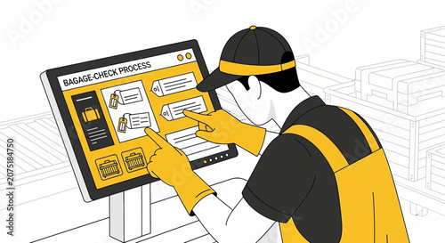 Airport worker checking baggage on digital screen, airport luggage process