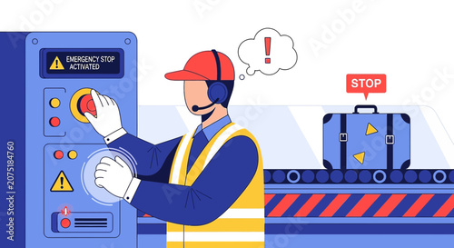 Airport worker activating emergency stop on conveyor belt with suitcase