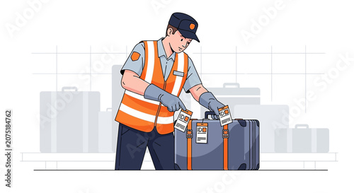 Airport worker checking luggage Tag, Baggage handler, Travel security