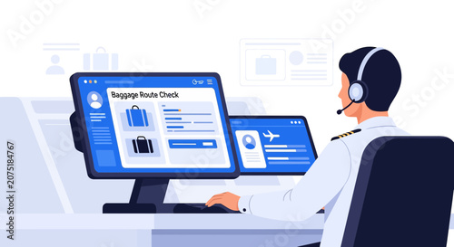 Airport worker checks baggage route on computer. Travel logistics concept