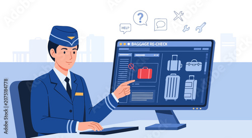 Airport worker checks baggage on computer screen, travel concept.