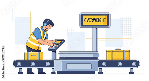Airport worker checks overweight luggage on conveyor belt with scale