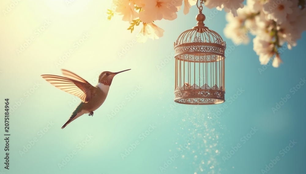 Fototapeta premium Hummingbird flies away from ornate open birdcage hanging on branch with flowers. Small bird escapes prison, gains freedom, soars through bright sunny sky, leaving confinement behind.