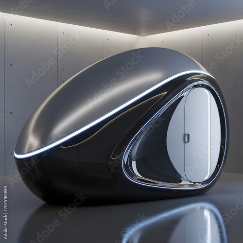 Sleek black egg-shaped meditation pod with blue neon lighting in minimalist futuristic concrete interior