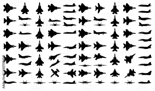 Photos Black Fighter Jet Silhouette Vector Set with Modern Military Aircraft Icons