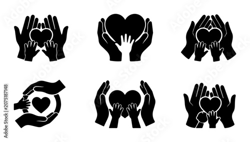 Foto Family Care Icons, Love Protection Symbols, Heart Holding Hands Vector Set