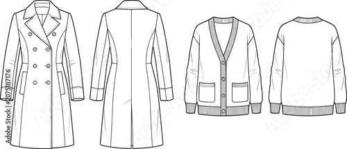 Schilderij op canvas Fashion technical sketch of women double breasted trench coat and knit cardigan