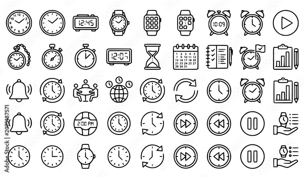 Naklejka premium Time Management and Clock Line Icons Editable Stroke Vector Collection for Business and Productivity