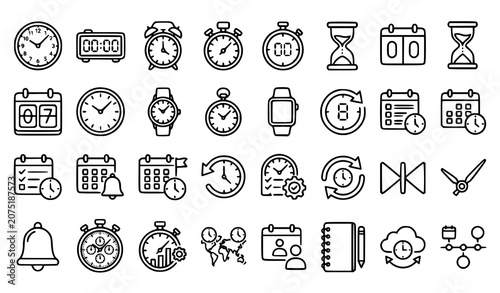 Clock and Time Outline Icons Vector Set Editable Stroke Linear Collection for Schedule Timer and Calendar
