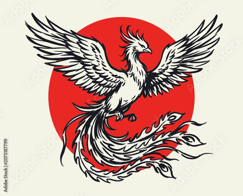 Quadro su tela Phoenix illustration, red sun, mythical bird graphic, rebirth symbol, fire bird