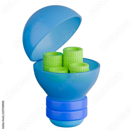 Financial Idea and Investment Concept with Open Blue Light Bulb and Coins Stacks. 3d icon.