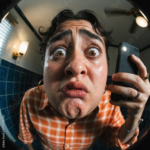 close-up of shocked person looking into phone