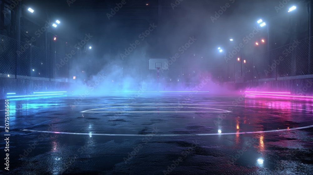 Fototapeta premium Futuristic soccer pitch with glowing neon blue, purple, and pink lights, reflective glossy floor, neon markings, subtle fog and particles, cinematic cyberpunk sports background with moody atmosphere