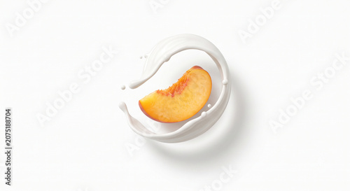 Distant shot of a peach slice smoothly enveloped by a pure white milk wave