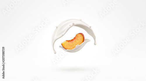 Distant shot of a peach slice smoothly enveloped by a pure white milk wave