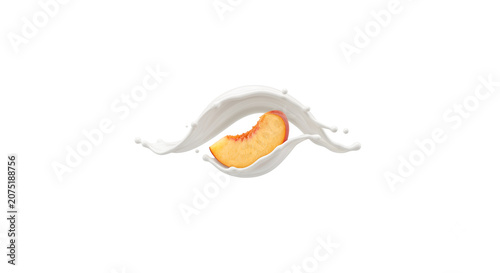 Distant shot of a peach slice smoothly enveloped by a pure white milk wave