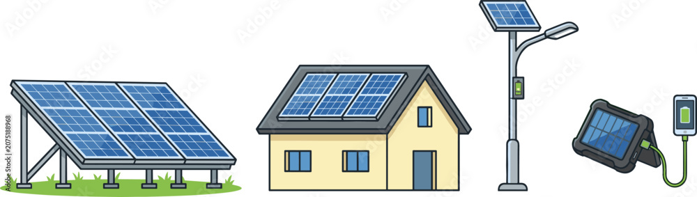 Fototapeta premium Solar Power Energy Vector Icon Set Featuring Large Solar Panel Array Residential House Roof System Street Light Pole and Portable Smartphone Charger Station