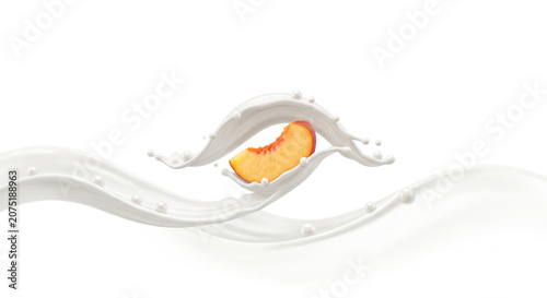 Distant shot of a peach slice smoothly enveloped by a pure white milk wave