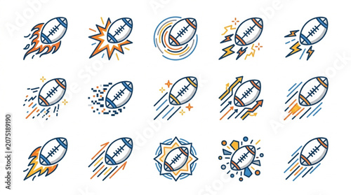 Bilde på lerret Collection of American Footballs in Motion with Dynamic Effects.