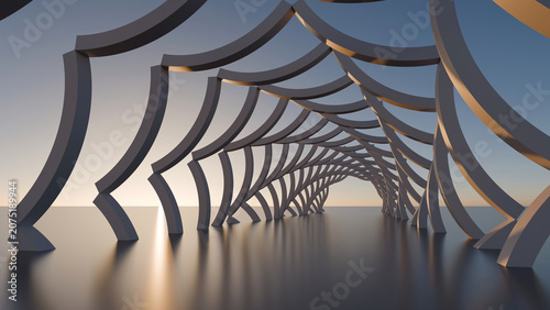Photos Abstract 3D render of futuristic curved architecture pavilion corridor with sunset sky background