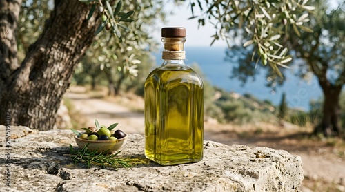 Extra Virgin Olive Oil Glass Bottle Resting on a Rustic Stone Wall in an Ancient Mediterranean Grove