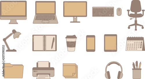 Office workstation setup with various computer peripherals and supplies on a desk