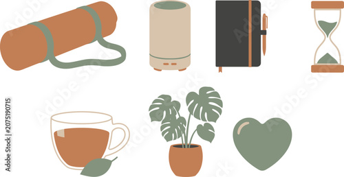 Various objects including a yoga mat, essential oil diffuser, notebook, hourglass, coffee cup, plant, and heart symbol are arranged.