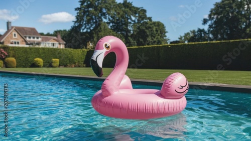 Pink flamingo inflatable float bobs in clear blue swimming pool water under sunny sky. Lush green hedge and manicured lawn surround pool. A large house and trees are visible in background.