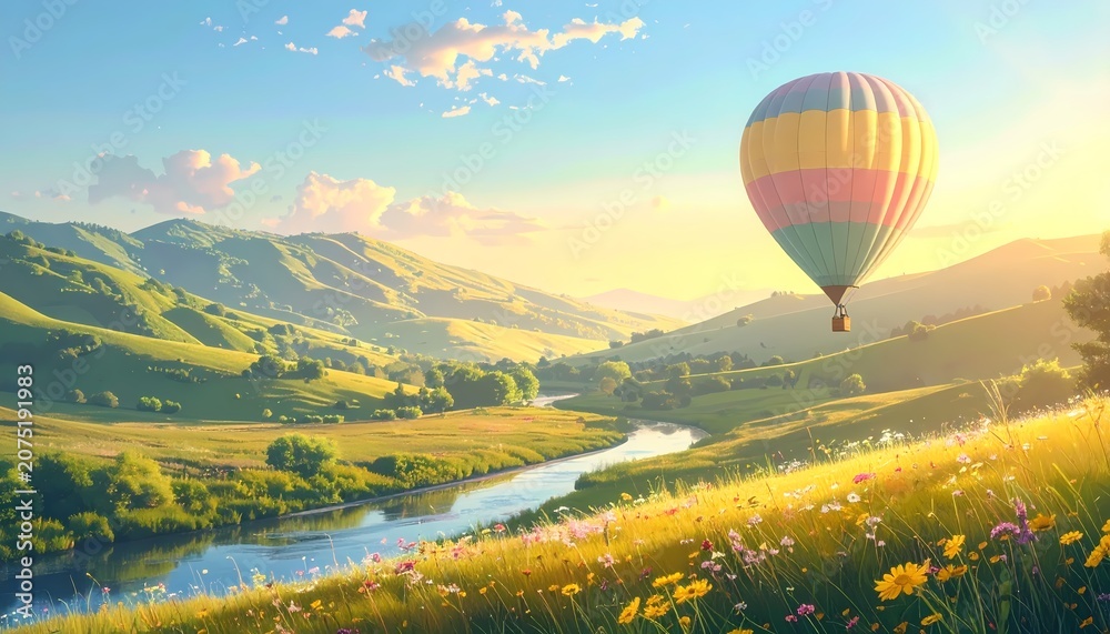 Fototapeta premium Colorful hot air balloon wide shot floating over green valley landscape digital art warm golden sunlight with hills and river background.