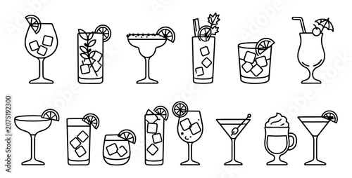 Classic Cocktail Line Art Icons Collection with Mojito, Margarita, Martini, Spritz and Mixed Drinks