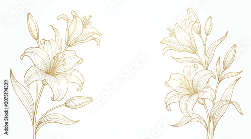 Bild auf Leinwand Set of two golden lily flower arrangements, elegant botanical illustrations for