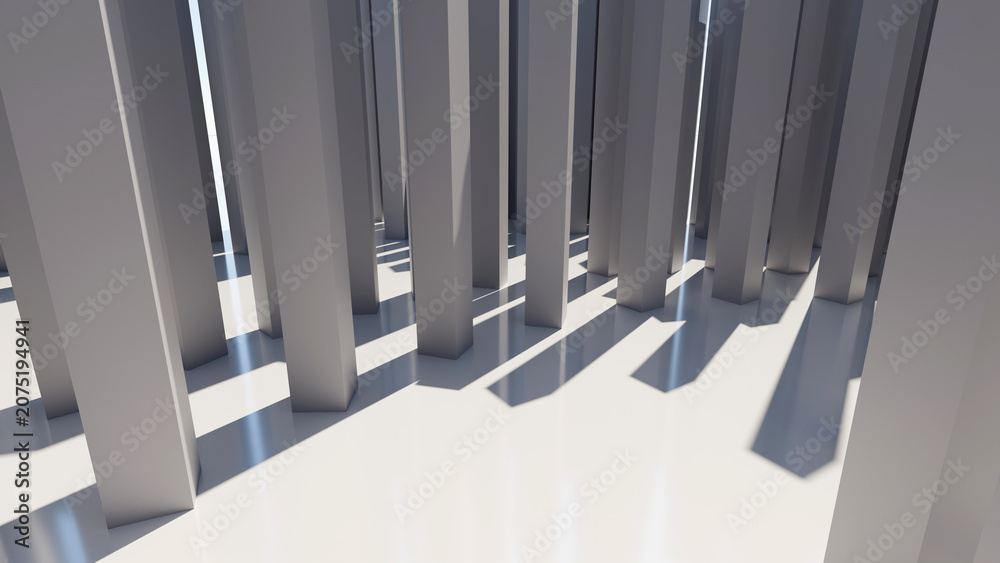 Obraz premium Abstract 3D render of grey geometric pillars with long shadows on white floor. Minimalist architecture background