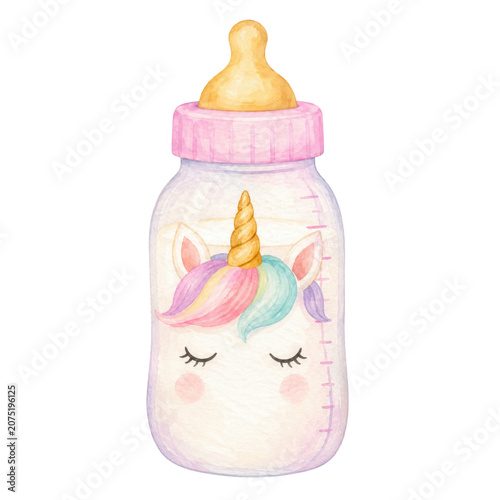 Cute baby unicorn, soft watercolor illustration, pastel rainbow mane, golden horn, rosy cheeks, adorable nursery clipart