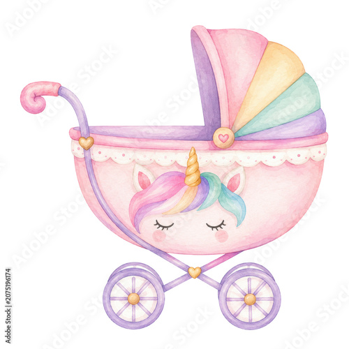 Cute baby unicorn, soft watercolor illustration, pastel rainbow mane, golden horn, rosy cheeks, adorable nursery clipart