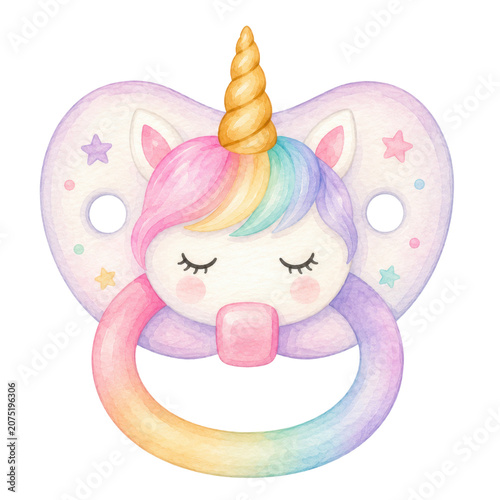 Cute baby unicorn, soft watercolor illustration, pastel rainbow mane, golden horn, rosy cheeks, adorable nursery clipart
