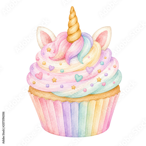 Cute baby unicorn, soft watercolor illustration, pastel rainbow mane, golden horn, rosy cheeks, adorable nursery clipart