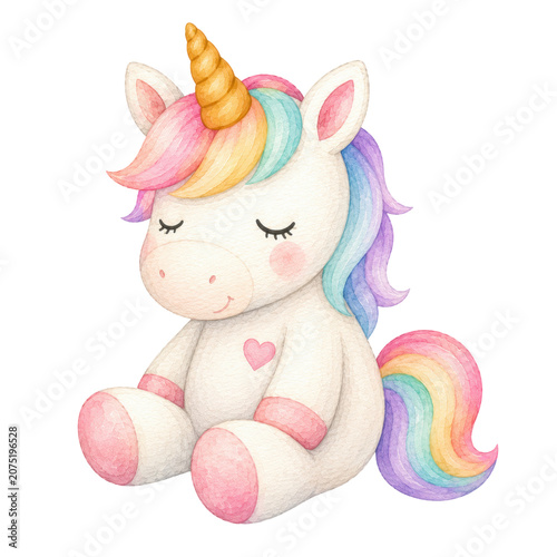 Cute baby unicorn, soft watercolor illustration, pastel rainbow mane, golden horn, rosy cheeks, adorable nursery clipart