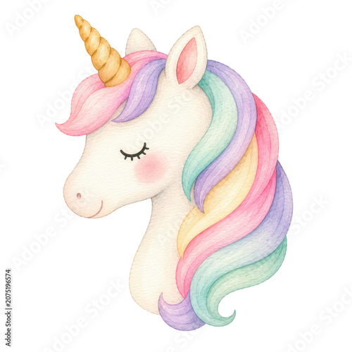 Cute baby unicorn, soft watercolor illustration, pastel rainbow mane, golden horn, rosy cheeks, adorable nursery clipart