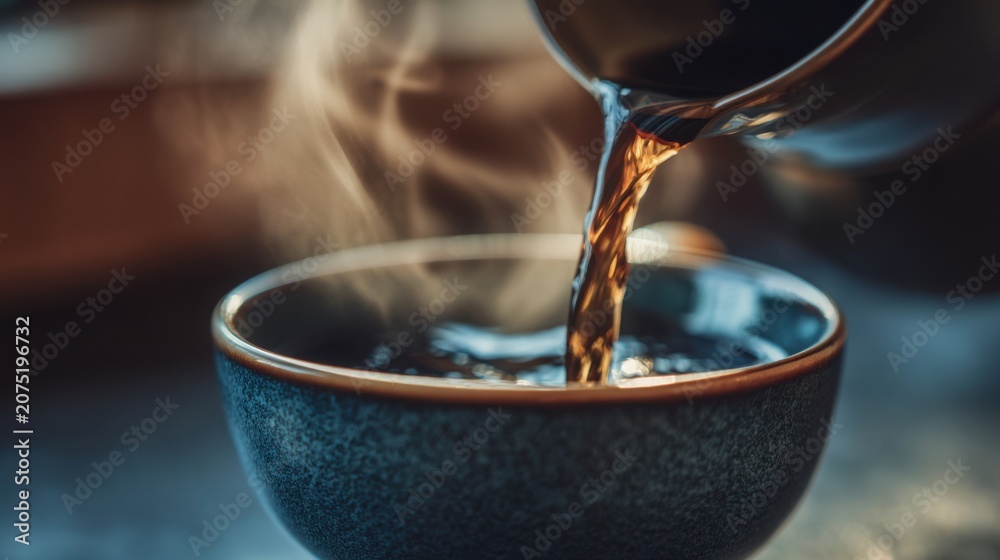 Fototapeta premium Close up of freshly brewed coffee slowly pouring into an elegant ceramic cup, visible steam rising naturally, cozy atmosphere, hyper realistic food