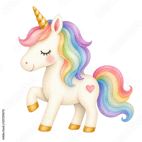 Cute baby unicorn, soft watercolor illustration, pastel rainbow mane, golden horn, rosy cheeks, adorable nursery clipart