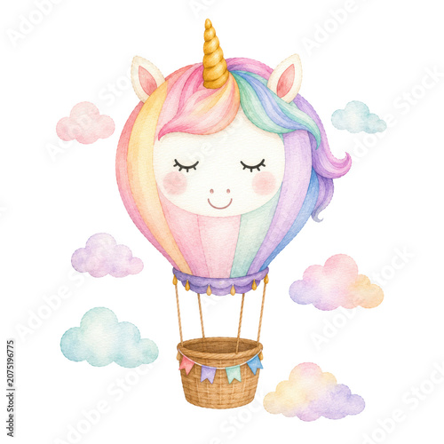 Cute baby unicorn, soft watercolor illustration, pastel rainbow mane, golden horn, rosy cheeks, adorable nursery clipart