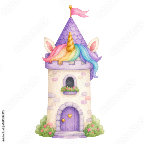 Cute baby unicorn, soft watercolor illustration, pastel rainbow mane, golden horn, rosy cheeks, adorable nursery clipart