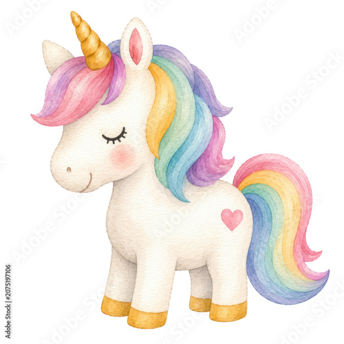 Cute baby unicorn, soft watercolor illustration, pastel rainbow mane, golden horn, rosy cheeks, adorable nursery clipart