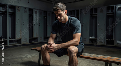 Sad man sitting on bench in locker room. Athlete thinking about defeat after sports game. Depressed sportsman feeling disappointment and stress. Mental health and fatigue concept.