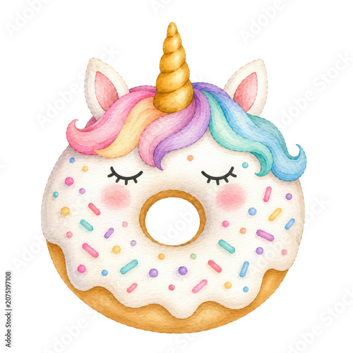 Cute baby unicorn, soft watercolor illustration, pastel rainbow mane, golden horn, rosy cheeks, adorable nursery clipart